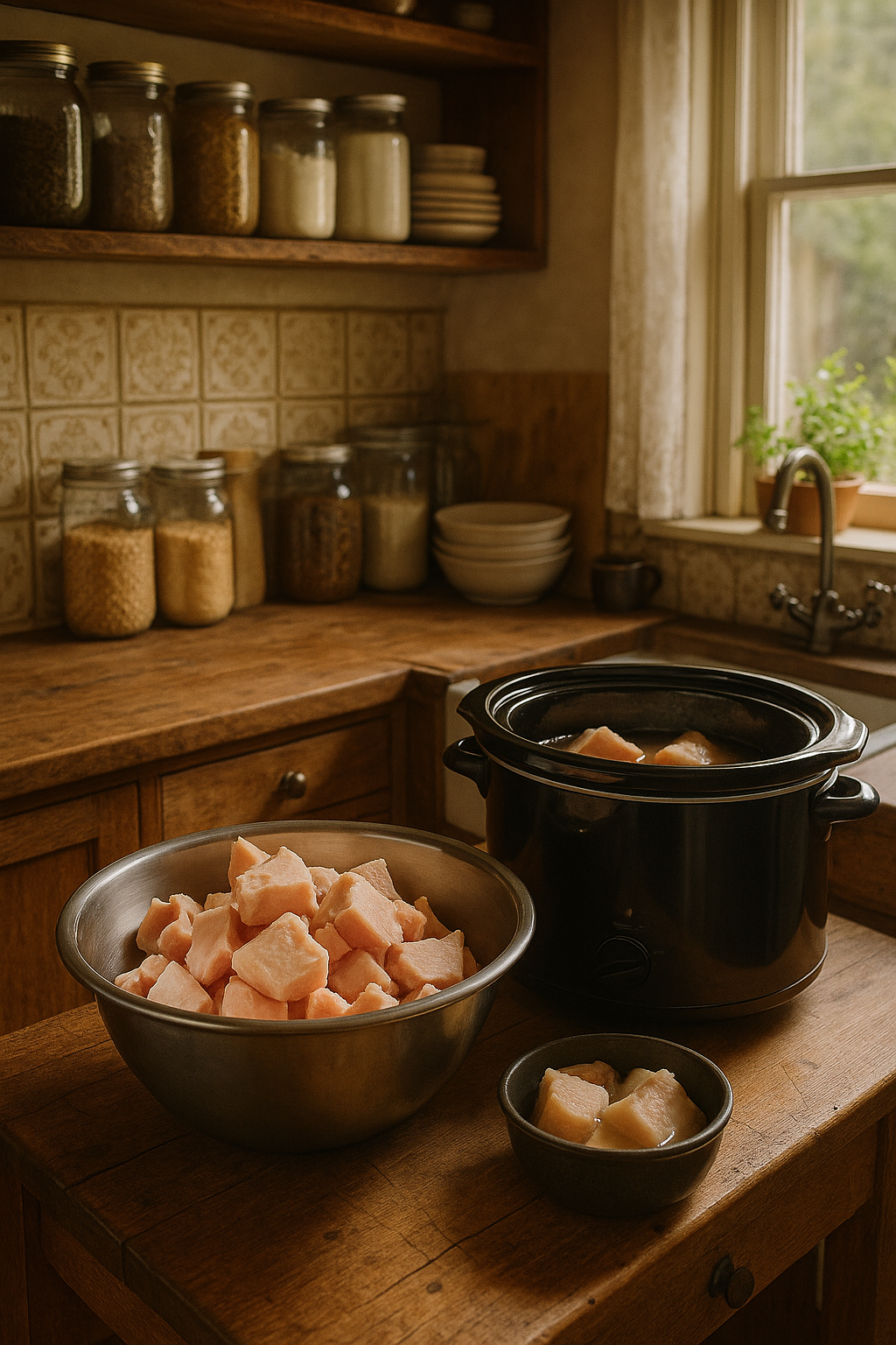 Chunks of raw beef fat in a stainless steel bowl next to a crock pot inside a cozy, natural-light-filled cottage kitchen.
