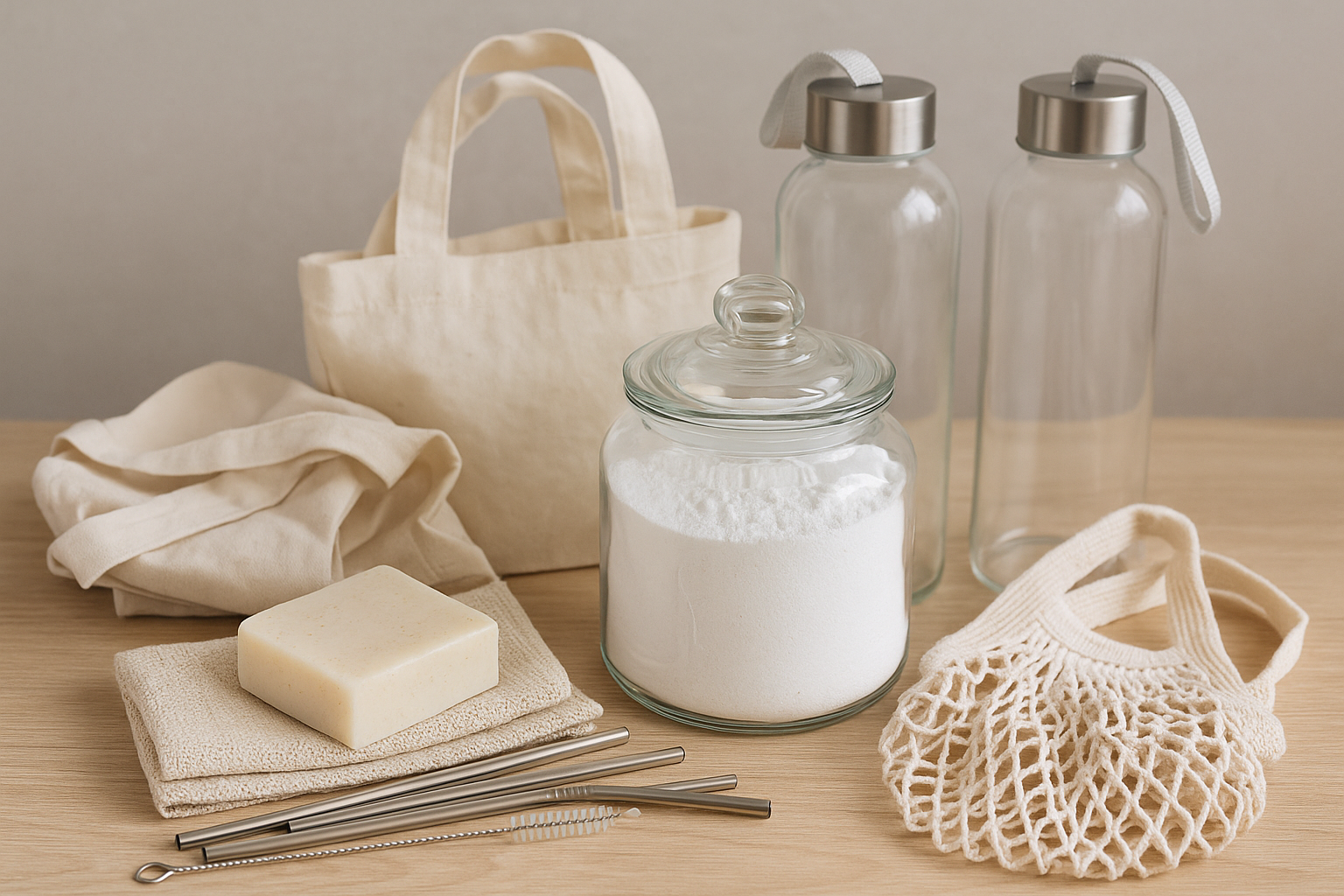 Eco-friendly household essentials including reusable straws, glass water bottles, bar soap, laundry detergent in a glass jar, and reusable grocery bags arranged neatly on a wooden surface.