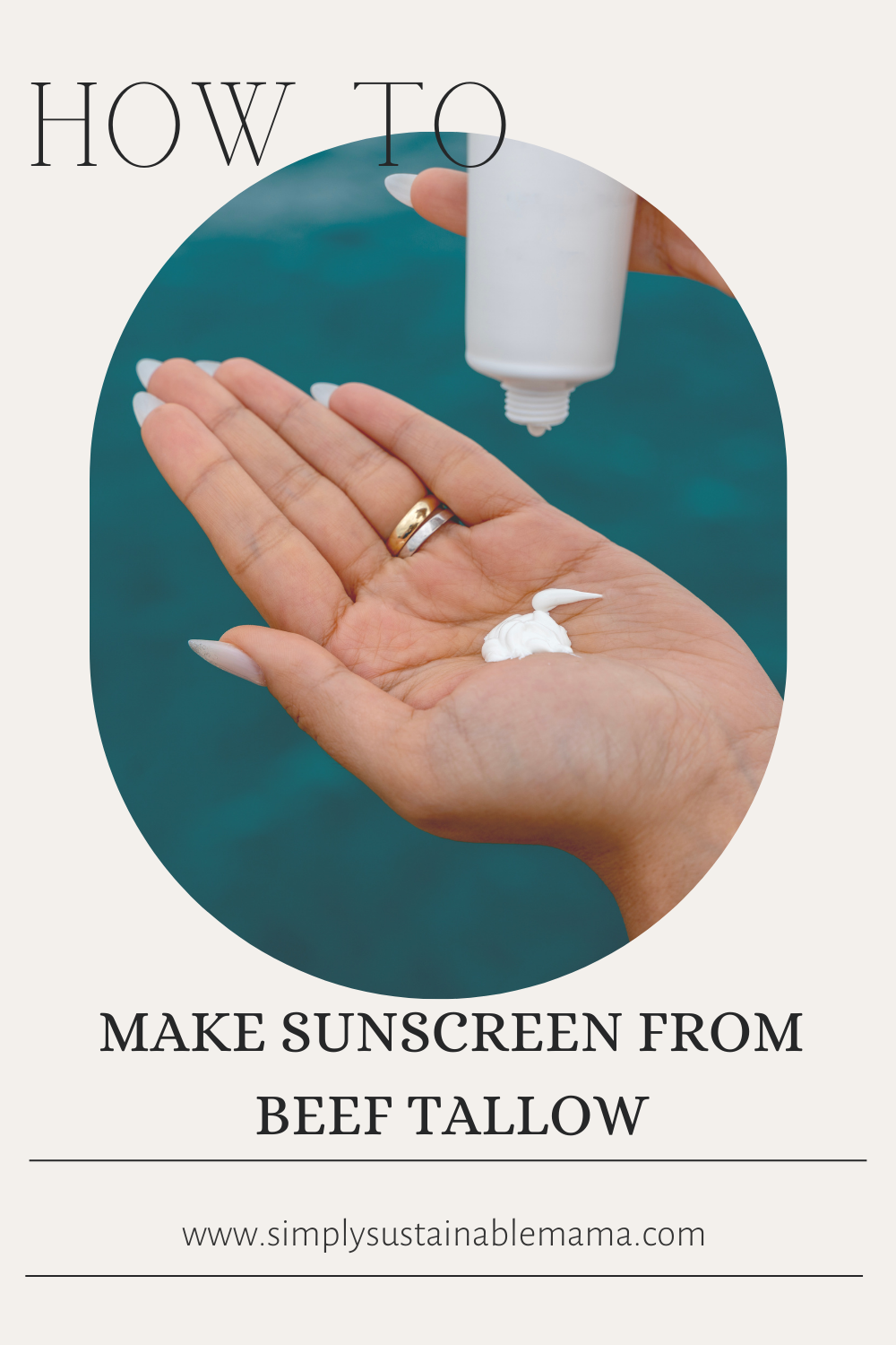 A woman squeezing a dollop of homemade beef tallow sunscreen from a container into her open palm, demonstrating the texture and consistency of the DIY product while highlighting the unique, natural ingredients used in this tutorial on creating sunscreen from beef tallow.